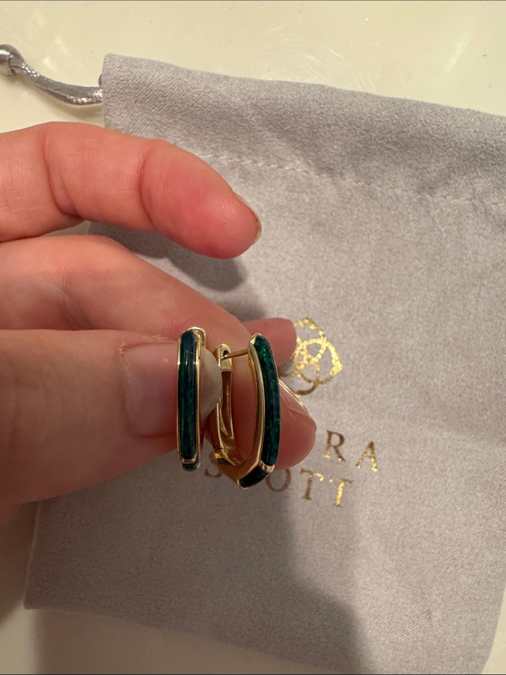 Kendra Scott Gold Hoop Earrings with Iridescent Teal Inlay - Picture 2 of 4